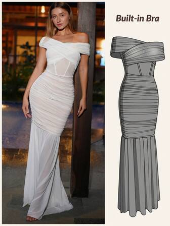  Vestido formal plisado de malla CurvySweet, elegante vestido de noche de sirena convertible con hombros descubiertos y sujetador incorporado, vestido formal para invitados de boda, celebración, cumpleaños, aniversario, Día de San Valentín