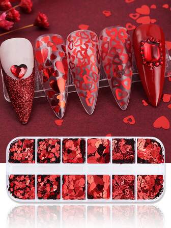 12 piezas de lentejuelas con forma de corazón de diferentes tamaños para el Día de San Valentín, brillo holográfico con forma de corazón rojo, diseño de arte de uñas para fiestas, accesorios de decoración de uñas