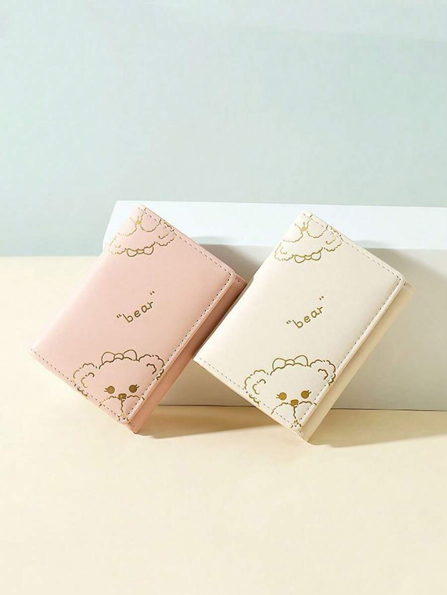 1pc Cute Bear Women's Short Wallet, Student Style, European & American Chic, Foldable, Minimalist, Literary, Retro Card Holder