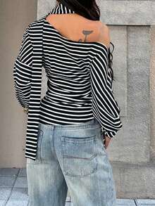 Top estivo da donna WOWDARK, T-shirt casual a maniche lunghe con spalle oblique a costine nera e bianca, adatta per feste di compleanno, feste, San Valentino, appuntamenti e altre occasioni - Bianco e nero - Visualizzare 8