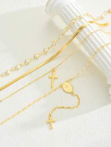 4件套Y型项链套装 - 优雅复古几何仿珍珠十字架压纹质感宗教元素蛇形链，简约流苏吊坠项链，时尚简约别致精致复古设计，适合假日、派对、约会、送礼、日常佩戴 - 金黃色 - 查看 4