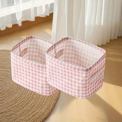 2 Pink Plaid Storage Baskets - Foldable Open Woven Organizer Baskets With Checkered Pattern (Pink/White), No Sewing Required Durable Storage Bins, Suitable For Dormitories, Desks, Bookshelves - Bohemian Style Decoration, Small Items And Stationery Organizer, Storage Baskets, Storage Boxes, Girl's Room Decoration, Clothing Storage, Laundry Baskets, Foldable Laundry Baskets, Box Storage, Laundry Baskets