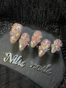 10片手工杏仁形亚克力美甲套装，粉色调，甜美Y2K风格，全覆盖式假指甲，3D蝴蝶结美甲装饰，闪亮全覆盖式美甲设计，适合女性在情人节、日常、仪式和节日佩戴（包含：1片果冻胶和1把指甲锉），是送给女性的绝佳美甲用品。 - 粉色 - 查看 4