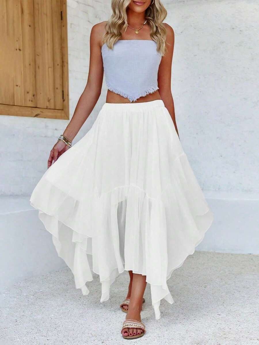 Women's Summer Boho Maxi Skirt Asymmetric High-Low Hem Flowy Casual Long Skirt - 白色 - 查看 1