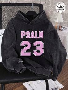 女士秋冬季“23”图案连帽卫衣，略带弹性，修身，水洗做旧，保暖内衬，棉混纺，黑色套头长袖卫衣，休闲日常连帽上衣。 - 黑色 - 查看 2