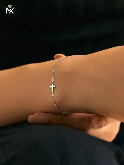 SYMFNY 1pc 925 Sterling Silver Cubic Zirconia Cross Bracelet, Suitable For Women's Daily Wear