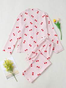 Bonmuse Bộ đồ ngủ dài tay nữ in hình trái tim kẻ sọc, chất liệu nhăn nhẹ, kiểu dáng phồng. - Hồng - Xem 7