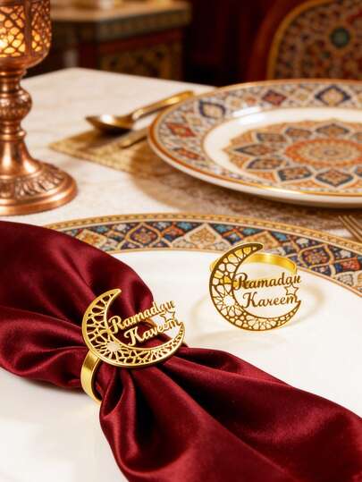 4-12pcs Ramadan Crescent Moon & Letter Napkin Rings, Suitable For Ramadan Party Table Decor