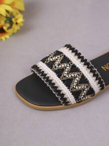 1 Pair Girls Woven Wave Striped Sandals, Girls Soft Bottom Non-Slip Slippers, Kids Summer Casual Outdoor Fashion Sandals - Black - View 7