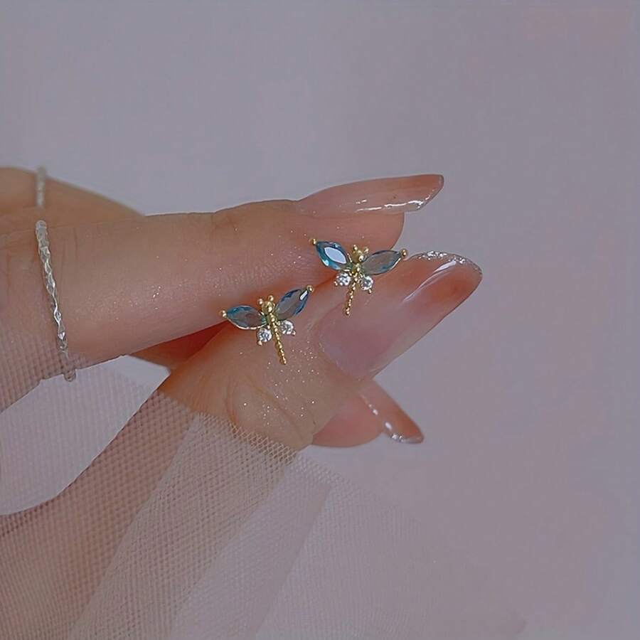 1 Pair Spring/Summer New Insect-Inspired Sparkling Rhinestone Dragonfly Stud Earrings, Delicate Female Gift - 1 對 - 查看 1