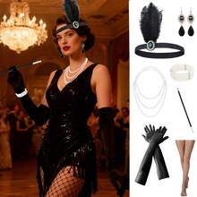 1920s Flapper Party Dress: Sequin Fringe Headband, Layered Pearl Necklace + Long Gloves, Recreating The Exuberance And Elegance Of The Jazz Age - Multicolor - View 8