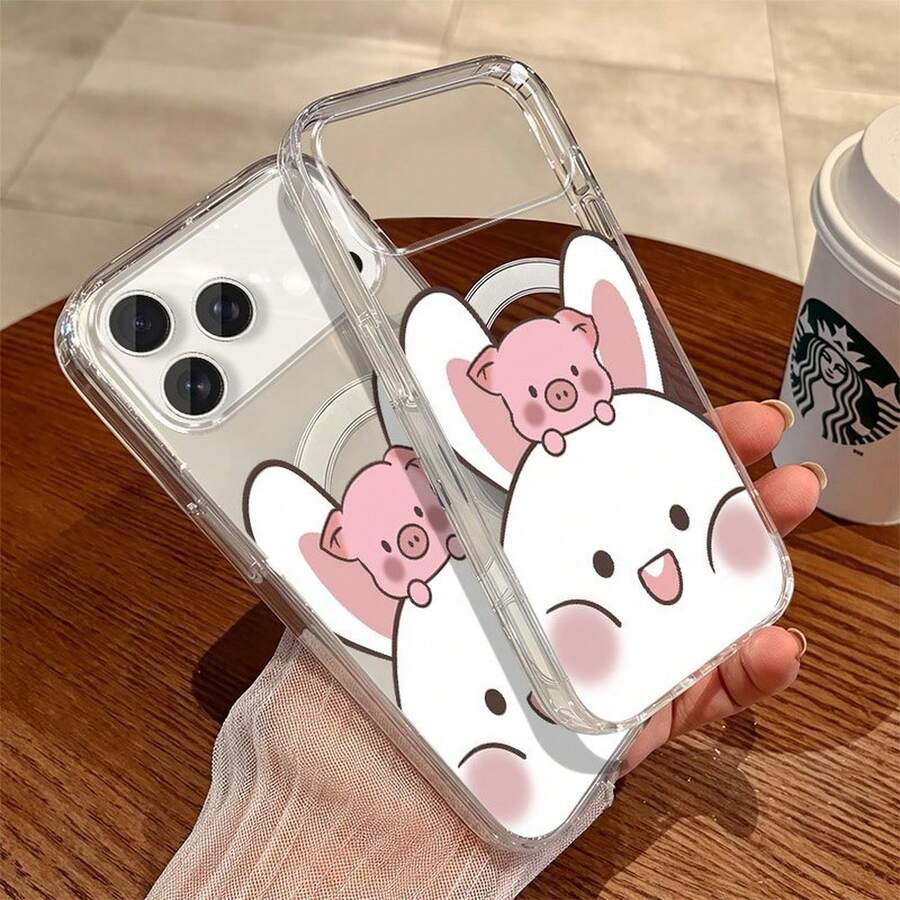 Cute cartoon rabbit phone case For galaxy A14 A15 A16 A23 A25 A26 A32 A33 A34 A35 A36 A42 A52 A53 A54 A55 A56 A72 A73 5G S21 S22 S23 S24 Plus Ultra S21 S23 S24 FE S25 edge Luxury fashionable acrylic magnetic wireless charging hard case cover - yklPiggy Lindo Transparente 72LR - Ver 1
