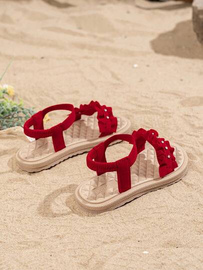 1 Pair Girls' Ruffled Rhinestone Decor Suede Non-Slip Open Toe Elastic Band Thick Sole Sweet Style Sandals, Suitable For Family Beach Travel, Kindergarten Outdoor Activities