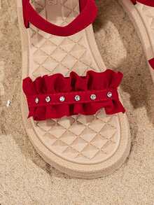 1 Pair Girls' Ruffled Rhinestone Decor Suede Non-Slip Open Toe Elastic Band Thick Sole Sweet Style Sandals, Suitable For Family Beach Travel, Kindergarten Outdoor Activities - Red - View 6