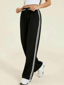 女士直筒运动裤，侧边条纹撞色设计，高腰弹力腰带，休闲运动风，适合健身、休闲和日常穿着，黑色 - 黑色 - 查看 3