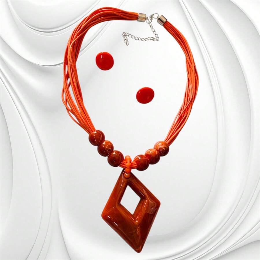 Geometric Necklace And Earring Set In Resin With Silver Details. - 橘色 - 查看 1