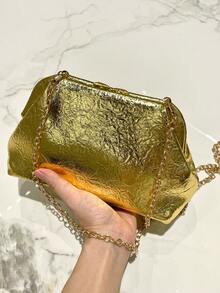 1pc Shiny Gold PU Clutch Bag With Pearl Bracelet, Elegant Lady Fashion Handbag, High-End Pleated Cloud Shoulder Bag, Suitable For Evening Party, Wedding, Banquet, Gathering - Gold - View 3