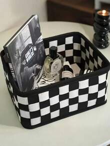 1pc/3pcs Black & White Plaid Storage Basket, Vanity Organizer Bin, Felt Catchall Basket, Multifunctional Desktop Storage Box, Suitable For Storing Cosmetics, Snacks, Toys And Bedroom Items, Desktop Organizer Basket - Black and White Grid - View 11