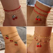 European And American-Border Red Rice Bead Multi-Layer Foot Jewelry With Rhinestones Cherry Anklet Three-Piece Set Decoration - 15680 - Xem 2
