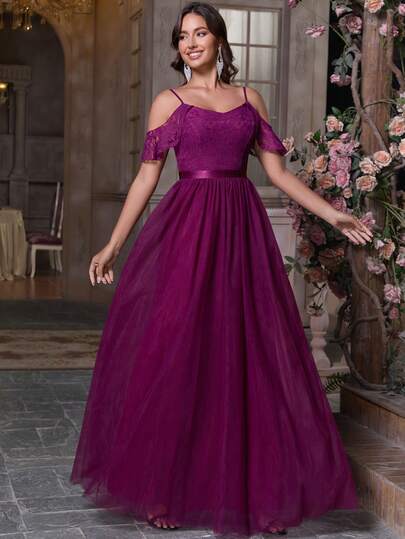 Solid Color Party Sequin Patchwork Zipper Lace Patchwork Formal Evening Dress