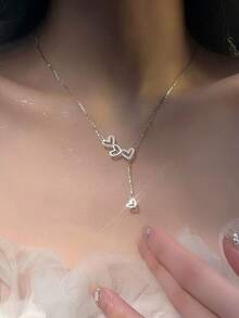 1件水钻心形流苏项链，精致的颈链，适合情人节佩戴或送给朋友 - 銀色 - 查看 2