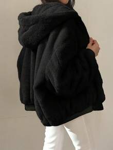 Women's Reversible Oversize Faux Shearling Lined Hooded Jacket Winter Y2K 2 Way Wear Padded Coat - 灰色 - 查看 5