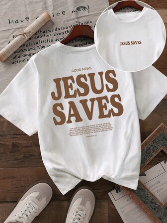 一款女士休闲圆领T恤，印有耶稣救赎口号的字母图案