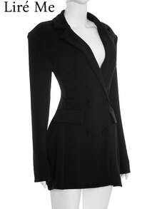 Liré Me French-Style Vintage High-End Tailored Suit Dress With Deep V-Neck, Puff Sleeves, Faux Pockets, And A Cinched Waist - màu đen - Xem 8