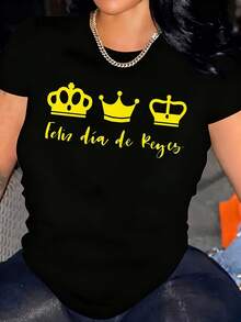 Camiseta para Mujer Fiesta Día de Reyos Estilo Mexicano con Corones Doradas y Texto Feliz Día de Reyez Ideal para Celebraciones Familiares y Fiestas Temáticas Algodón 220g Entrega Rápida - Negro - Ver 1