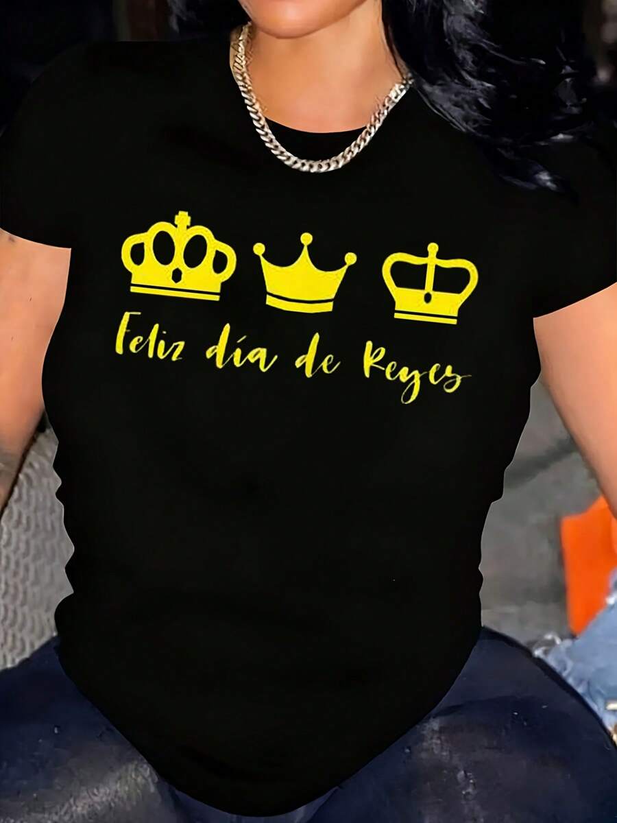 Camiseta para Mujer Fiesta Día de Reyos Estilo Mexicano con Corones Doradas y Texto Feliz Día de Reyez Ideal para Celebraciones Familiares y Fiestas Temáticas Algodón 220g Entrega Rápida - Negro - Ver 1