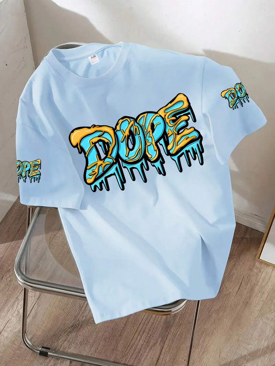 Áo nỉ tay ngắn cổ tròn in chữ "DOPE" cho bé trai tuổi teen, trang phục mới mùa xuân/hè cho trẻ em. - Màu xanh nhạt - Xem 1