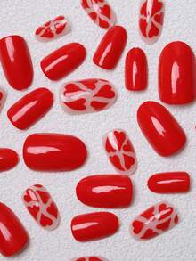 24 قطعة أظافر مستعارة قصيرة مستديرة لعيد الحب، بتصاميم قلب أحمر وتصاميم بسيطة، أظافر اصطناعية لامعة مناسبة لحفلة عيد الحب واللبس اليومي، تأتي مع جيل جيلي وملفات أظافر