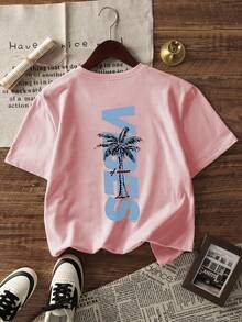 休闲椰树印花圆领短袖T恤，适合女孩和幼儿夏季穿着 - 色彩缤纷的图案，为每个孩子带来快乐！女童服装，女童图案T恤，夏季上衣，青少年服装 - 粉色 - 查看 3