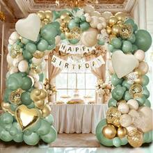 130pcs Green And Sand White Theme Balloon Arch Set, Includes Heart Foil Balloons And Gold, Green, Sand White Latex Balloons, Suitable For Birthday Party, Baby Shower, Christening, Anniversary, Engagement, And Various Other Party Occasions - Multicolor - View 1
