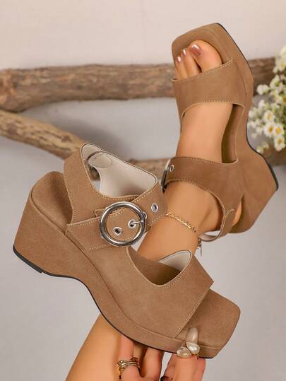 【优雅 | 厚底鞋】黑色绒面革优雅女士厚底高跟鞋 | 踝带设计，透气绒面革，四季皆宜，独特方头设计，时尚厚底坡跟凉鞋