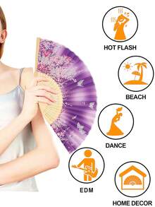 1PC Bamboo Folding Hand Fan, Women's Floral Butterfly Handheld Fan, Handmade Chinese Fan With Tassel, Dance Wedding Party Photo Prop Gift - Multicolor - View 10
