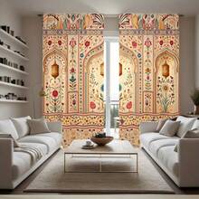 2pcs Mandala Art Curtains, Mughal Palace Arch Design, Floral Lantern Print, Rod Pocket Sheer Curtains, Vintage Boho Style, Home Decor For Living Room, Bedroom, Study, Suitable For Living Room, Princess Room, Dining Room, Bathroom, Kitchen