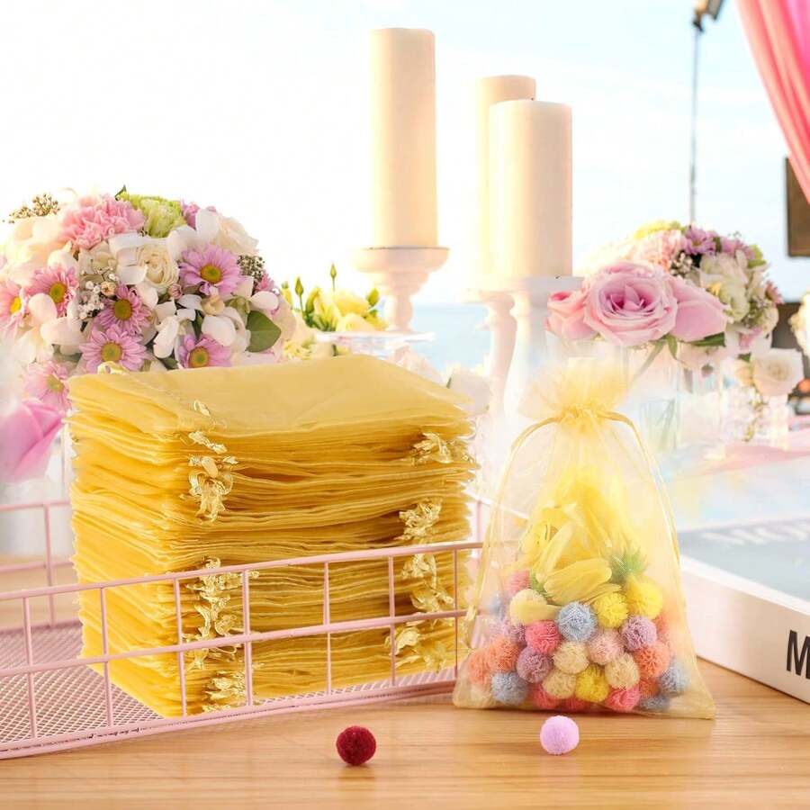 50/20pcs Organza Gift Bags With Drawstring, Jewelry Candy Wedding Party Favor Net Bags - Gold - View 1