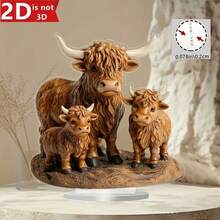 1 Peça Plana 2D, Decoração de Vaca das Terras Altas - Estilo Boêmio, Decoração de Mesa Acrílica, Adequada para Casa, Escritório ou Exibição em Cafés (23 cm x 23 cm), Decoração de Vaca Peluda, Decoração de Sala de Aula - Multicolorido - Visão 3