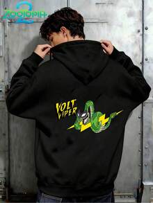 Disney Zootopia Series Stylish Stitch Print Hoodie, Men's Loose Long Sleeve Drawstring Hoodie, Print Autumn/Winter Hoodie (Men's Pullover Hoodie, Black Hoodie, White Hoodie, Winter Hoodie, Gray Hoodie, Men's Winter Hoodie, Plus Size Hoodie) - Black - View 1