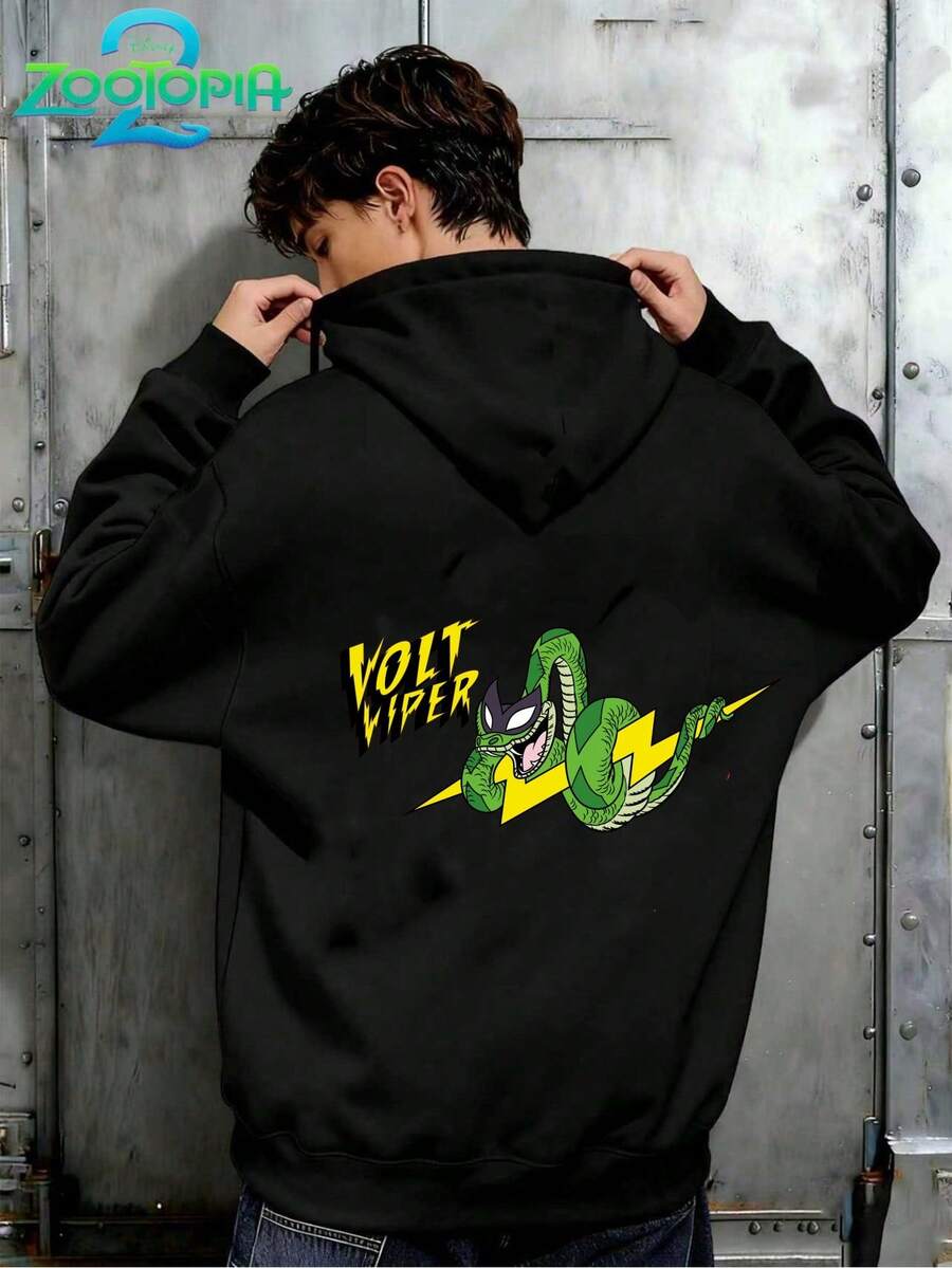 Disney Zootopia Series Stylish Stitch Print Hoodie, Men's Loose Long Sleeve Drawstring Hoodie, Print Autumn/Winter Hoodie (Men's Pullover Hoodie, Black Hoodie, White Hoodie, Winter Hoodie, Gray Hoodie, Men's Winter Hoodie, Plus Size Hoodie) - Black - View 1