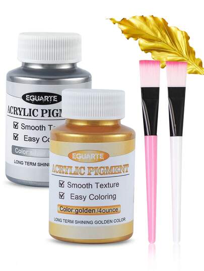4oz Acrylic Paint - Gold/Silver Color Options (Includes Brush), Waterproof & Fade Resistant, Suitable For Sculpture, DIY Clothing Graffiti & Various Surfaces (Canvas, Paper, Rock, Wood, Ceramic, Metal, Wall), Ideal For Creative Projects And DIY Arts