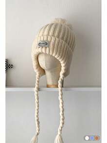 1pc Mixed Color Retro Textured Pom-Pom Earflap Knitted Fisherman Beanie Hat, Autumn/Winter Knitted Cap With Tie For Women, Thick Warm Knit Pom Pom Ski Hat - Fabric Label Pom-pom Knitted Hat - View 15