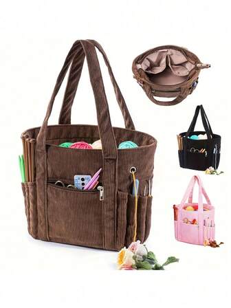 Crochet Knitted Bag/Tote - Corduroy Yarn Bag - Crochet Knitted Yarn Storage Bag - Crochet Storage Bag, Can Store Crochet Hooks & Accessories, Crochet Lover's Knitting Bag, Mother's Day Gift