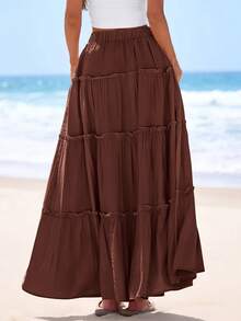 Women's Tiered Maxi Skirt Summer Spring Fashion  High Waisted Long Flowy Casual Boho Beach Vacation Clothes - 棕色 - 查看 2