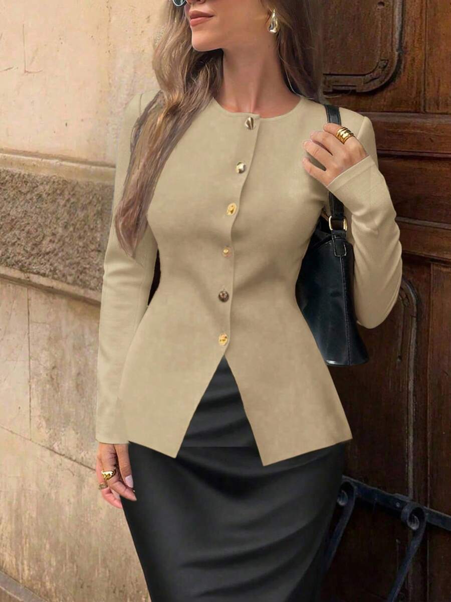 FOR BEAUTY 女士新款针织开衫，适合春、秋、冬三季穿着，休闲优雅简约风格，圆领长袖配金属纽扣，时尚通勤纯色毛衣 - 深杏 - 查看 1