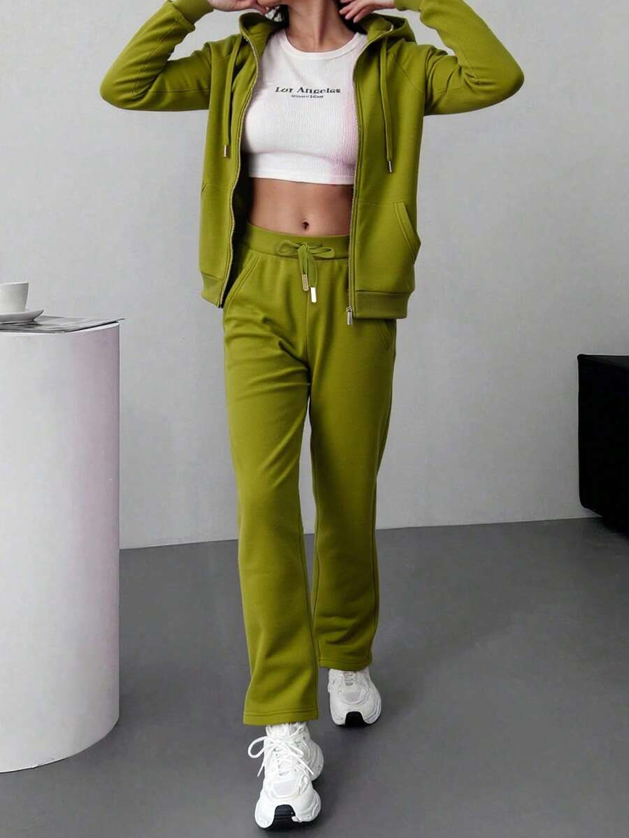 Conjunto de sudadera con capucha y cremallera para mujer -pantalones de pierna ancha, estilo casual y moderno, ideal para múltiples ocasiones. Tela suave y transpirable, diseño con detalles en negro y oro, - Verde - Ver 1