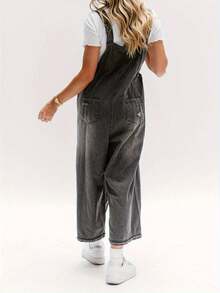 Women's Ripped Denim Overalls, Light Wash Wide Leg Vintage Overalls - màu đen - Xem 4