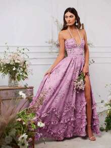 Dresses For Women,Women's Elegant Printed Fitted Maxi Dress With A Full Skirt, Perfect For Vacation. - 紫色 - 查看 1