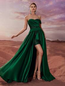 YISIKADO 缎面撞色亮片高低摆无肩带心形领口落肩女士舞会晚礼服毕业典礼婚礼宾客宴会 - 墨綠色 - 查看 5